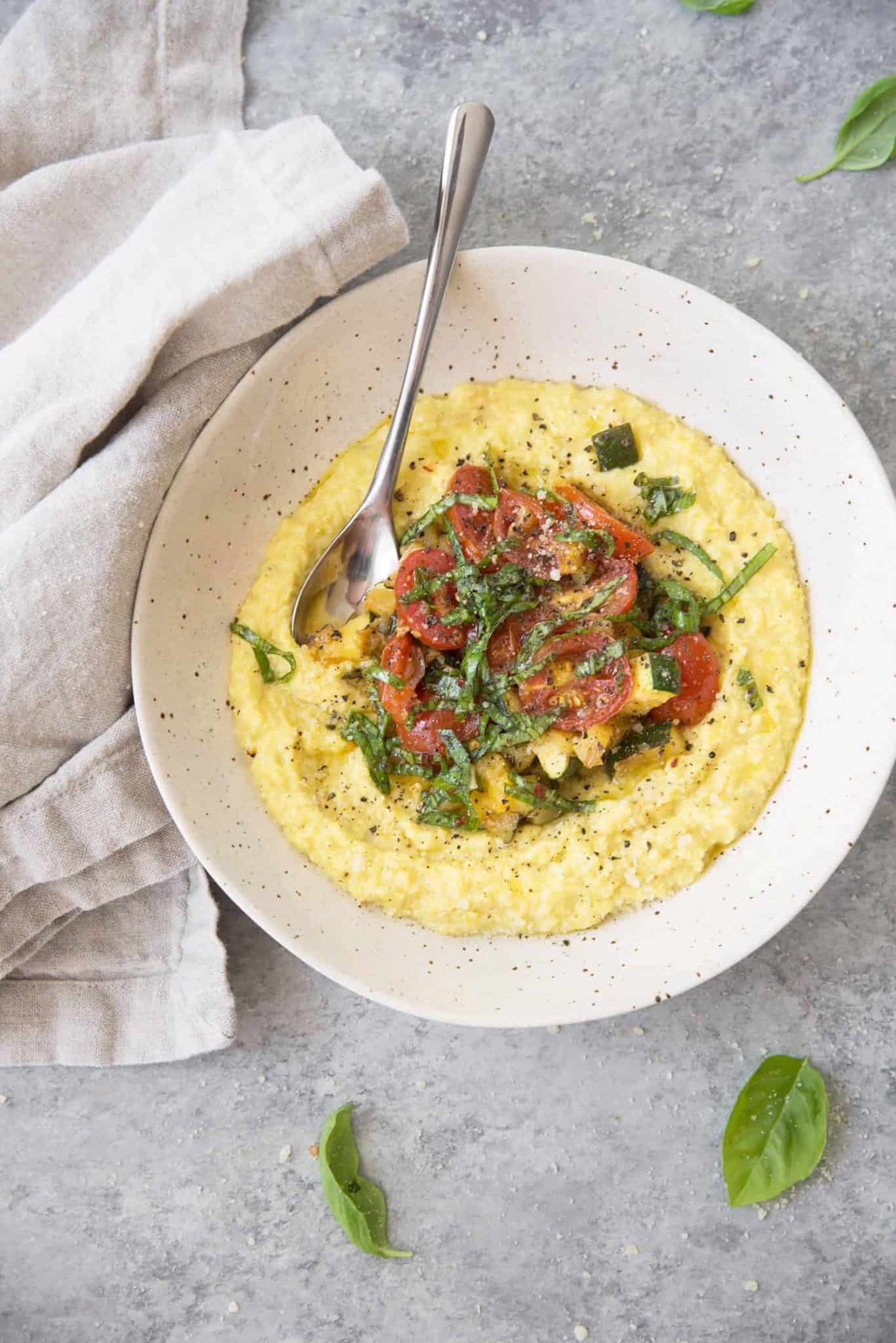Fresh Corn Polenta with Farm Vegetables and Spicy Basil Oil Delish