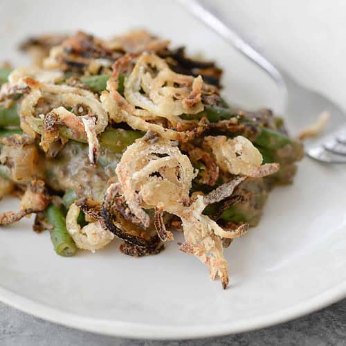 Vegan Fresh Green Bean Casserole! This Is The Perfect Thanksgiving Side Dish! Fresh Green Beans In A Homemade Mushroom Sauce With Faux-Fried Onions. | Www.delishknowledge