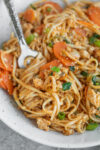 close up of spicy noodles with bok choy and carrots