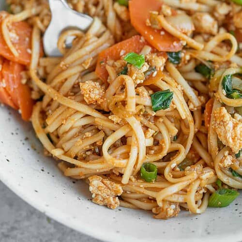 Close Up Of Spicy Noodles With Bok Choy And Carrots