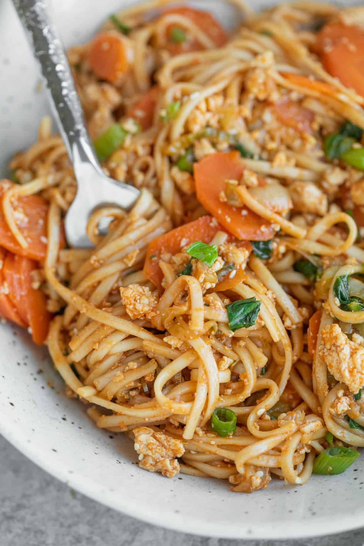 Close Up Of Spicy Noodles With Bok Choy And Carrots