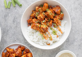 gochujang tofu with rice and spicy mayo