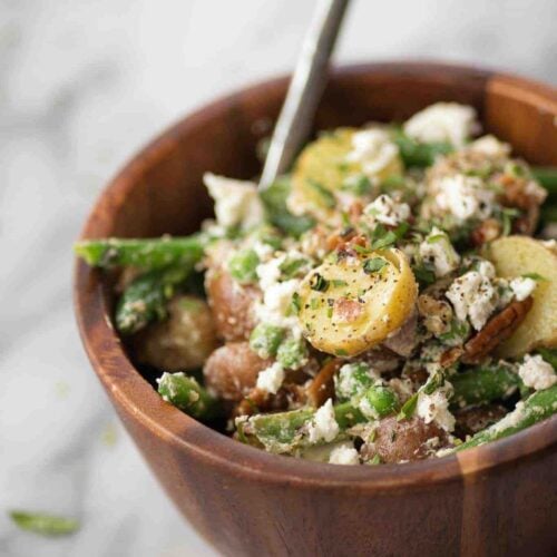Green Bean Potato and Tarragon Salad 8 Green Bean, Potato And Tarragon Salad. This Vegetarian Potato Salad Is A Must Make For Spring Or Summer. Tossed With Peas, Goat Cheese, Pecans And A Yummy Maple-Dijon Dressing. Gluten-Free. | Delishknowledge.com