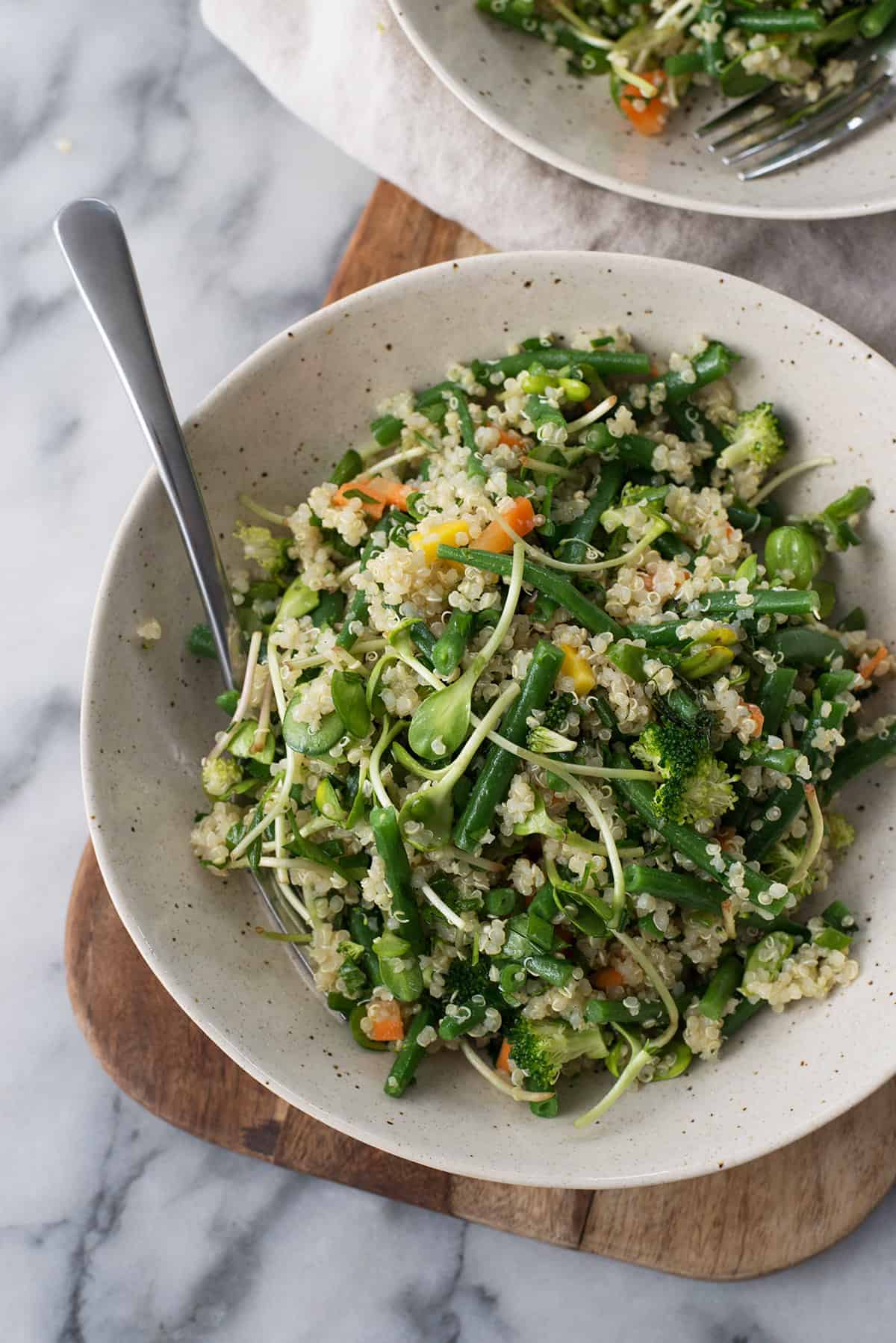 Green Bean, Quinoa And Sprout Salad! This Lettuce-Free Salad Is Perfect For Lunch Or A Light Dinner. Green Beans, Broccoli, Quinoa, Carrots And Sprouts Tossed In A Fresh Dressing. Vegan And Gluten-Free | Www.delishknowledge.com
