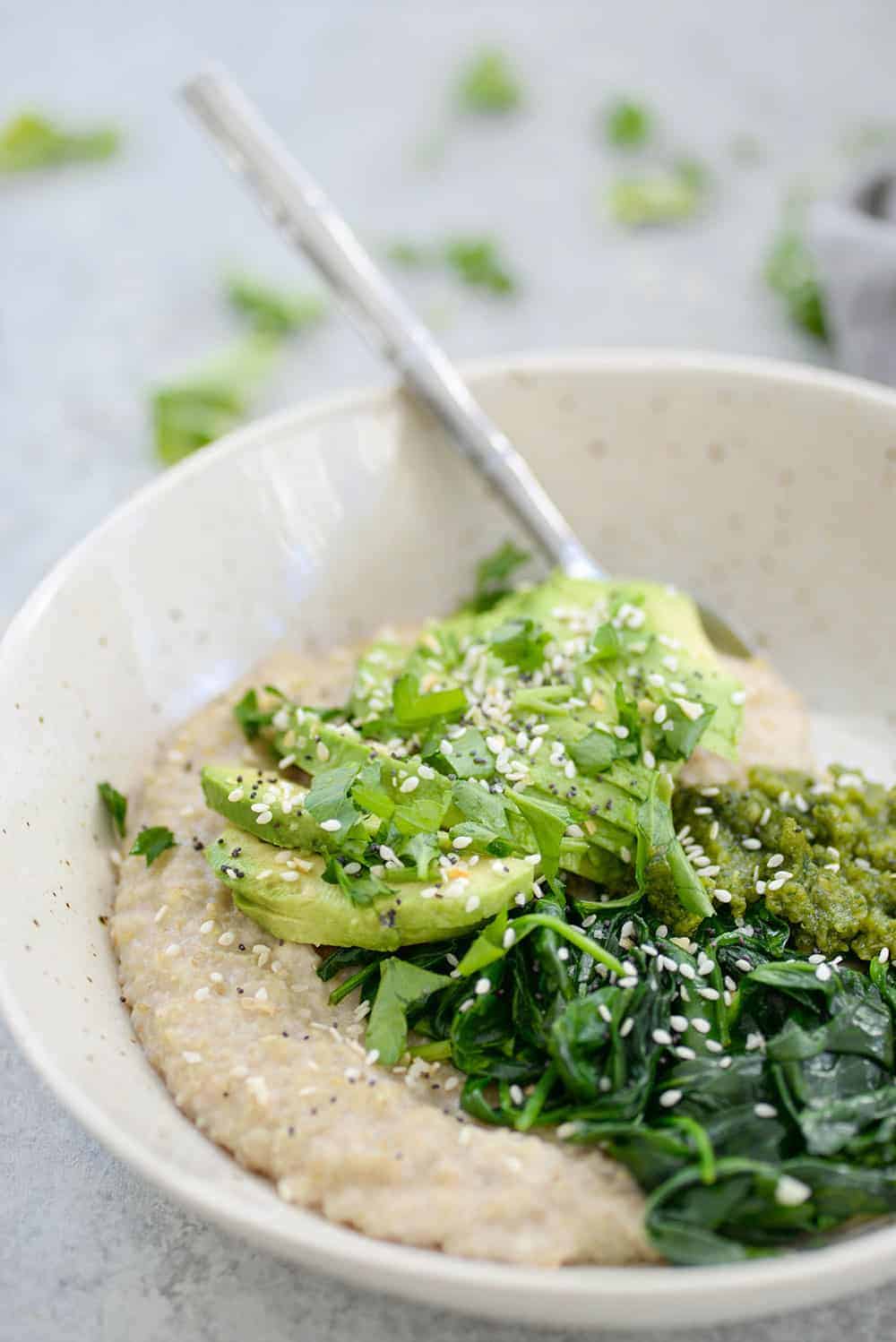 Close Up Image Of The Savory Oat Breakfast Bowl 