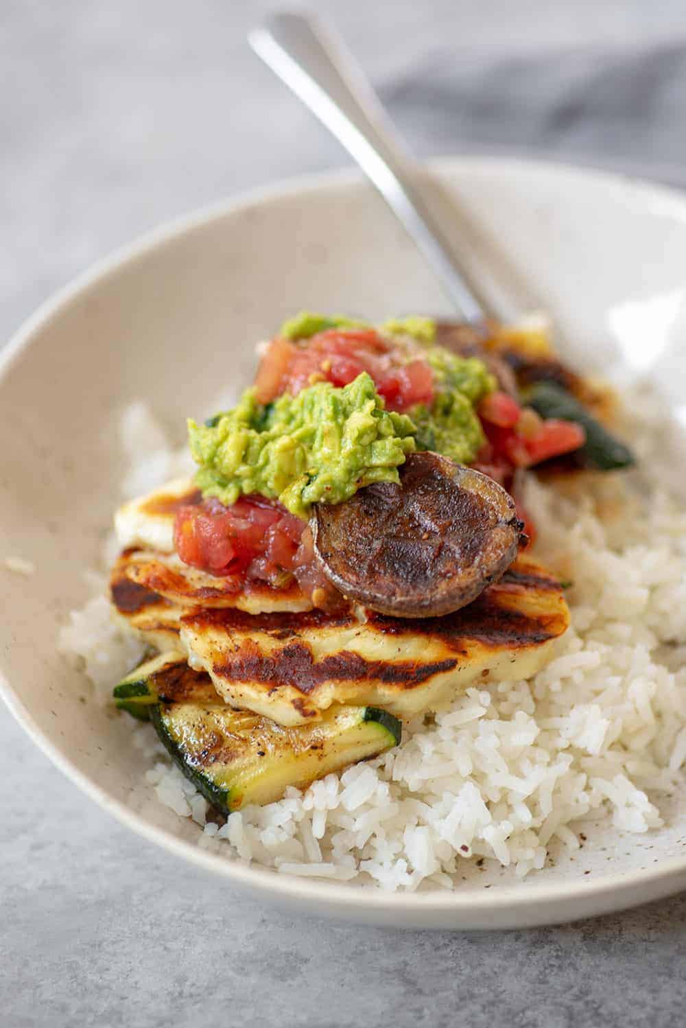 Grilled Potato And Halloumi Burrito Bowls