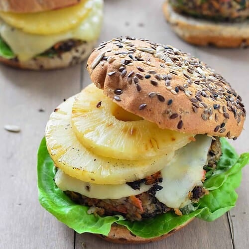The Best Veggie Burgers! Tropical Black Bean Patty With Grilled Pineapple And Swiss! You Have To Make This One. #Vegetarian | Www.delishknowledge.com