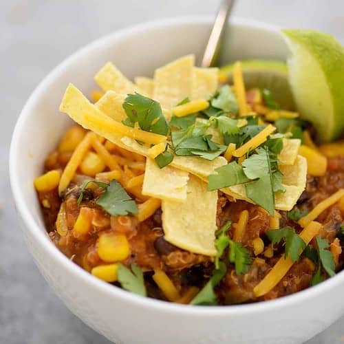 Instant Pot Enchilada Casserole. Yummy, Vegetarian And Gluten-Free! Cooked Quinoa, Beans, Corn And Corn Tortillas In A Homemade Enchilada Sauce. Delicious! #Mexican #Dinner #Recipe #Healthy #Glutenfree #Vegetarian #Quinoa #Weeknight | Www.delishknowledge.com