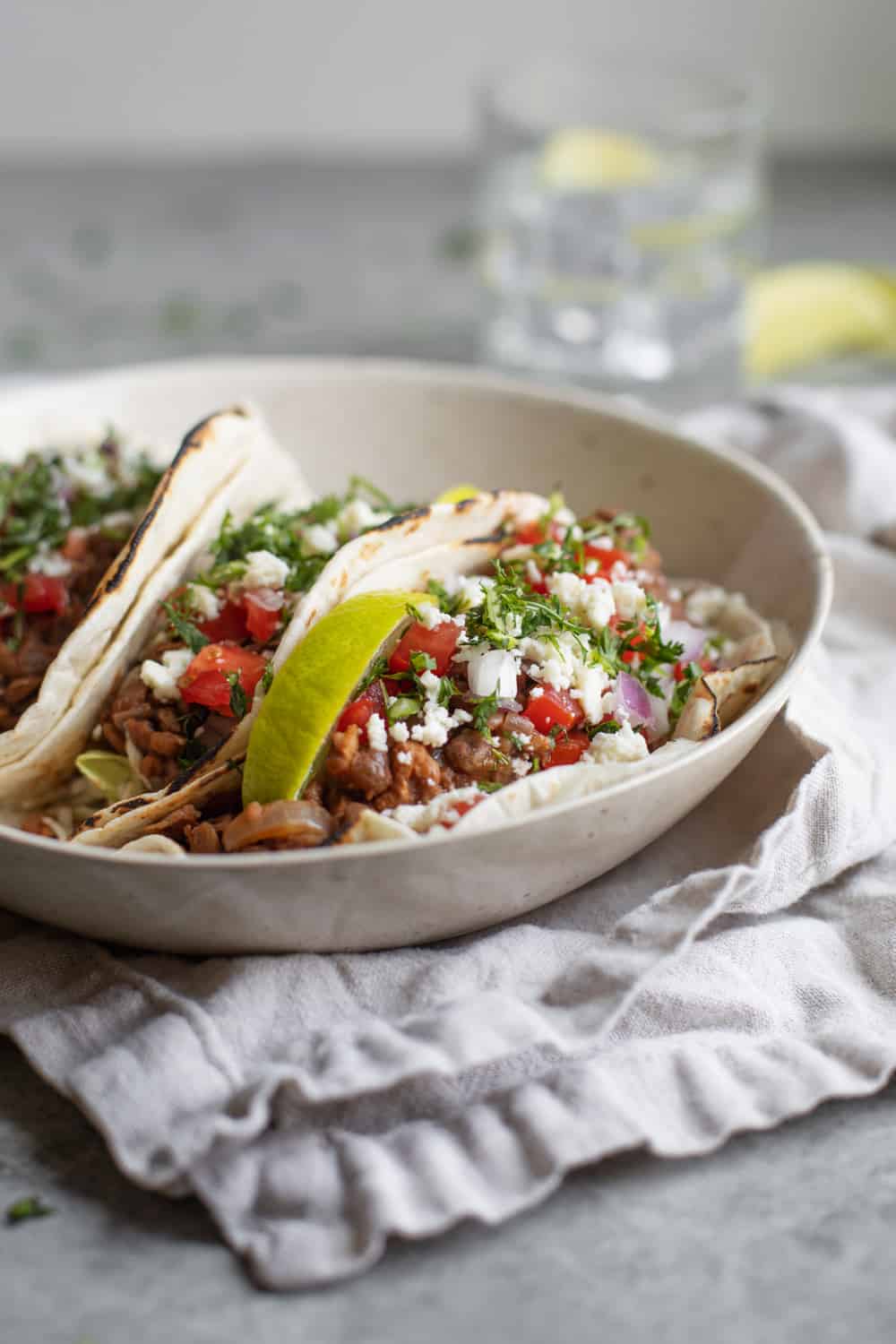 tacos with lentil walnut meat