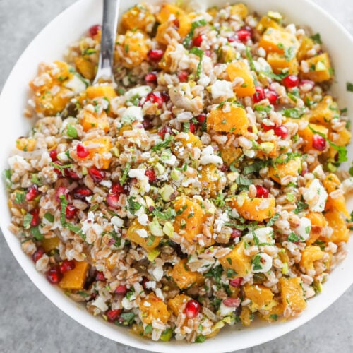 A White Bowl Filled With A Jeweled Farro Salad Featuring Roasted Butternut Squash, Pomegranate Seeds, Crumbled Feta, Chopped Herbs, And A Fork Resting On The Side. The Vibrant Bowl Sits Atop A Gray Surface.