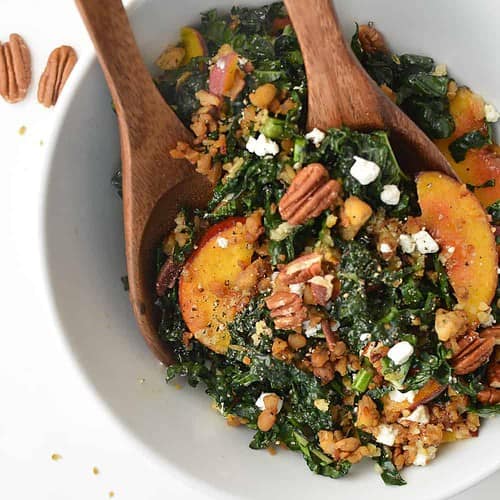 Freekah, Kale and Peach Salad 8 Kale, Peach And Pecan Salad! Topped With Freekah, Crispy Tempeh, Goat Cheese &Amp; Maple-Dijon Dressing. #Vegetarian #Healthy #Salad #Kale | Www.delishknowledge.com