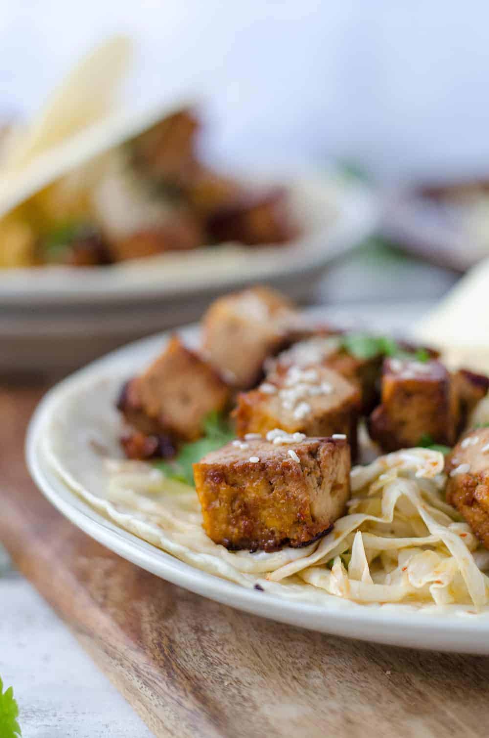 Korean Tofu Tacos! Crispy, Spicy Tofu With A Refreshing, Cooling Slaw. Must Try This Vegan Dinner Recipe! | Www.delishknowledge.com