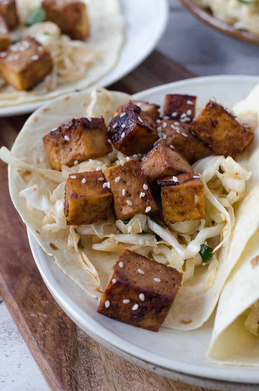 Korean Tofu Tacos! Crispy, Spicy Tofu With A Refreshing, Cooling Slaw. Must Try This Vegan Dinner Recipe! | Www.delishknowledge.com