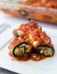 Finally! A healthy lasagna! Lasagna sans noodles! Slices of roasted zucchini and eggplant stuffed with herbed ricotta cheese & quinoa! Gluten-free and can be made either vegan or vegetarian!