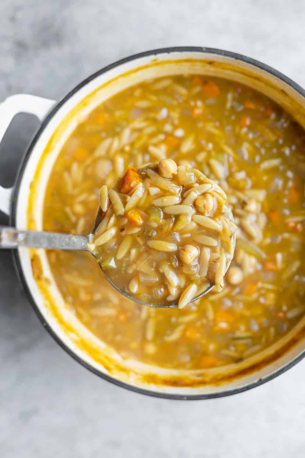 Soup Pan Of Lemon Chickpea Orzo Soup