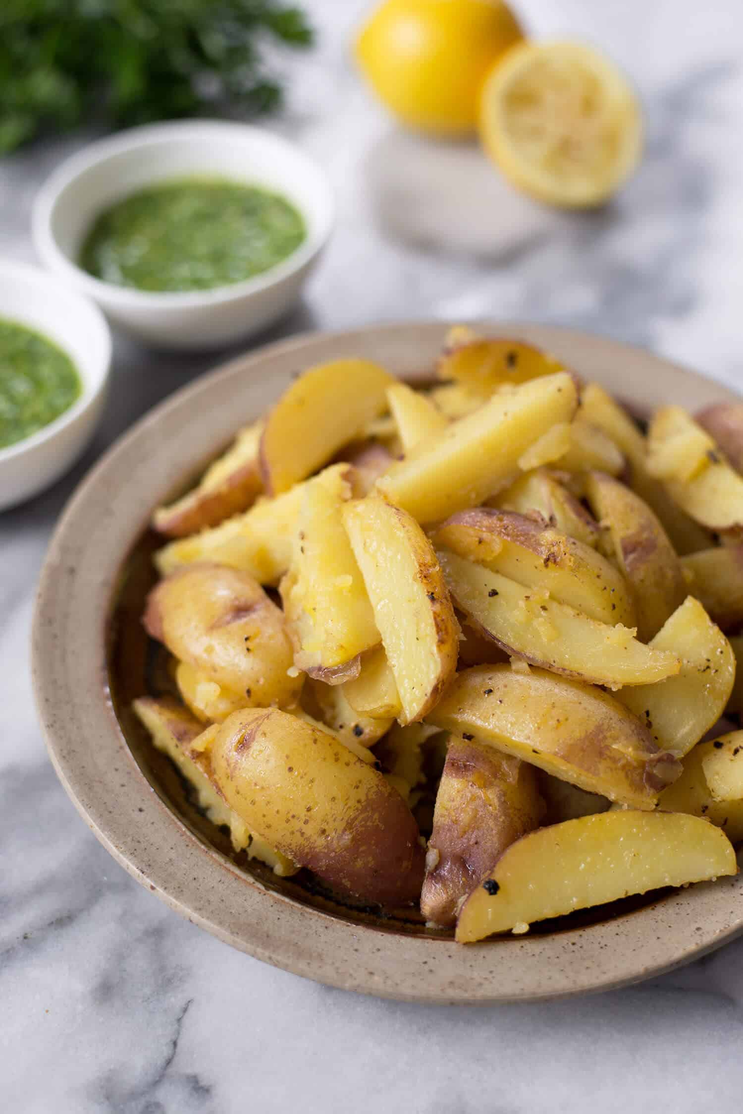 Lemon Pan-Fried Potatoes With Chive Pesto. The Perfect Side Dish For The Holidays. Vegan And Gluten-Free. | Www.delishknowledge.com