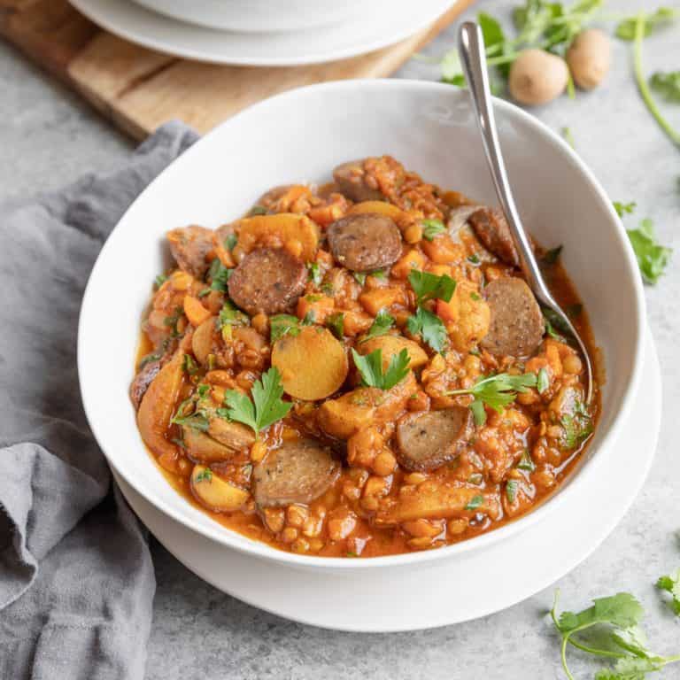 Vegan Lentil, Potato and Sausage Stew - Delish Knowledge