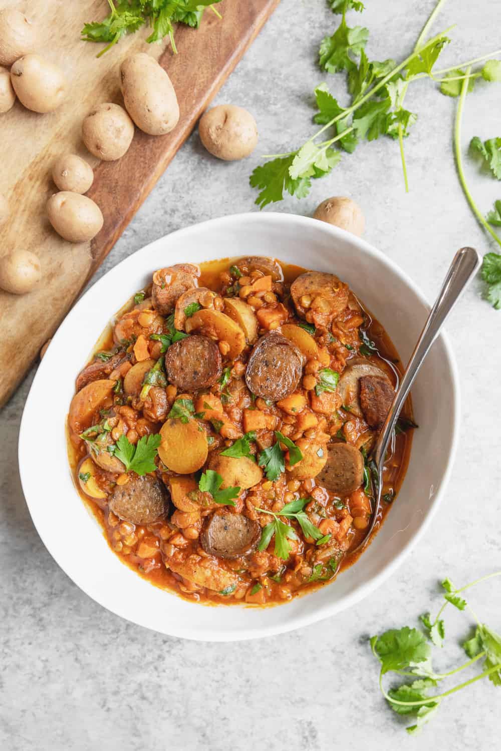 Vegan Lentil, Potato and Sausage Stew - Delish Knowledge