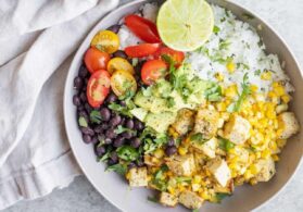 tofu rice bowl with black beans and rice