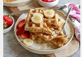 Vegan Sourdough Waffles with banana and strawberries