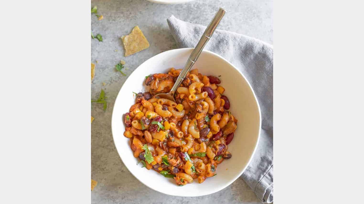 vegan chili mac and cheese in a bowl