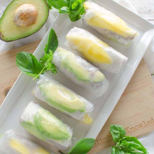 Mango Avocado Spring Rolls 8 Mango And Avocado Spring Rolls! So Easy And Packed With Nutrition: Juicy Mango, Creamy Avocado, Buckwheat Noodles And Tofu. Served With A Spicy Cilantro Dipping Sauce. #Vegan #Vegetarian | Www.delishknowledge.com
