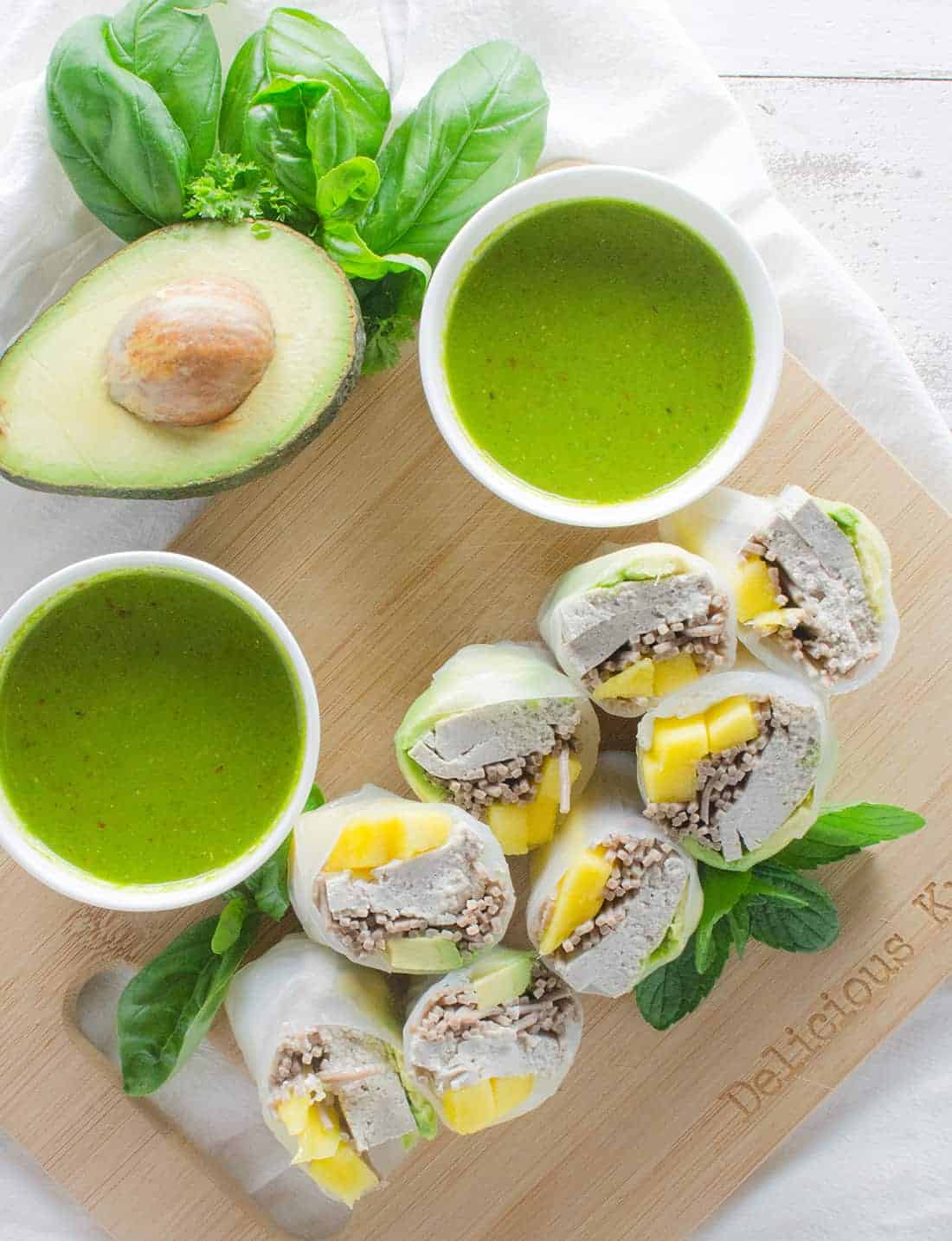 Mango Avocado Spring Rolls 3 With A Cilantro Avocado Cream Dipping Sauce, These Spring Rolls Are Hard To Resist!