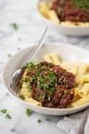 Vegan Pasta! This mushroom bolognese with rigatoni is super meaty and delicious. A must-make! | www.delishknowledge.com
