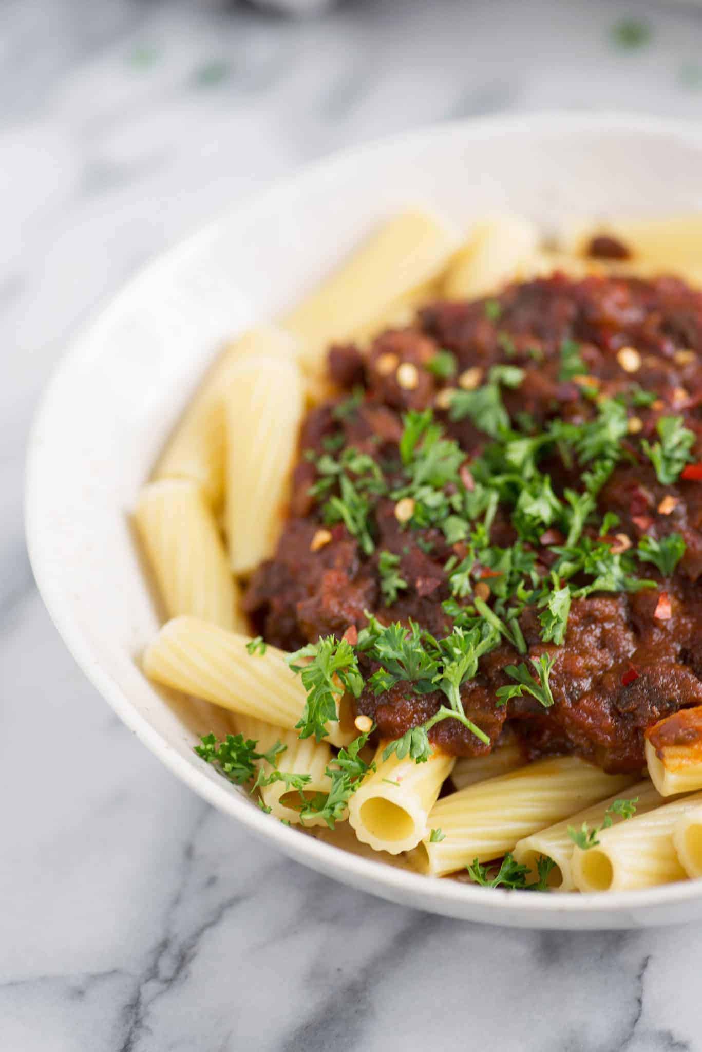 Vegan Pasta! This Mushroom Bolognese With Rigatoni Is Super Meaty And Delicious. A Must-Make! | Www.delishknowledge.com