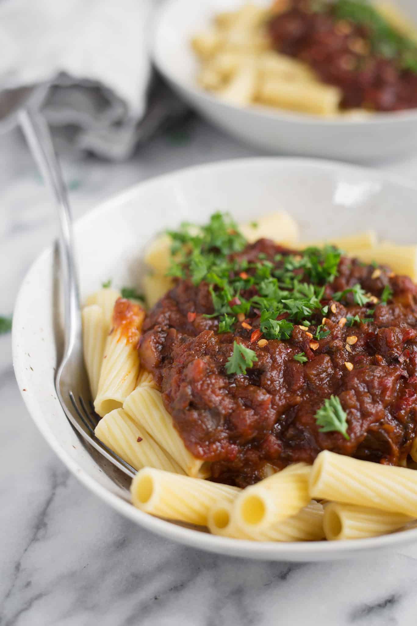 Vegan Pasta! This Mushroom Bolognese With Rigatoni Is Super Meaty And Delicious. A Must-Make! | Www.delishknowledge.com