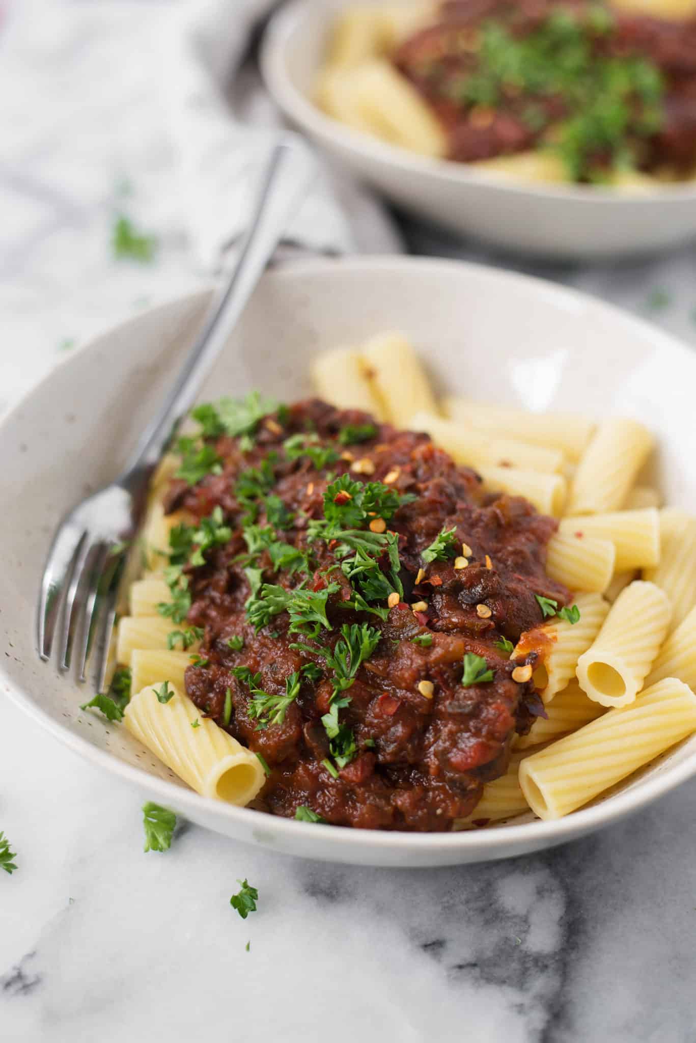 Vegan Pasta! This Mushroom Bolognese With Rigatoni Is Super Meaty And Delicious. A Must-Make! | Www.delishknowledge.com