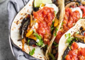 vegetarian fajitas with tortillas and salsa