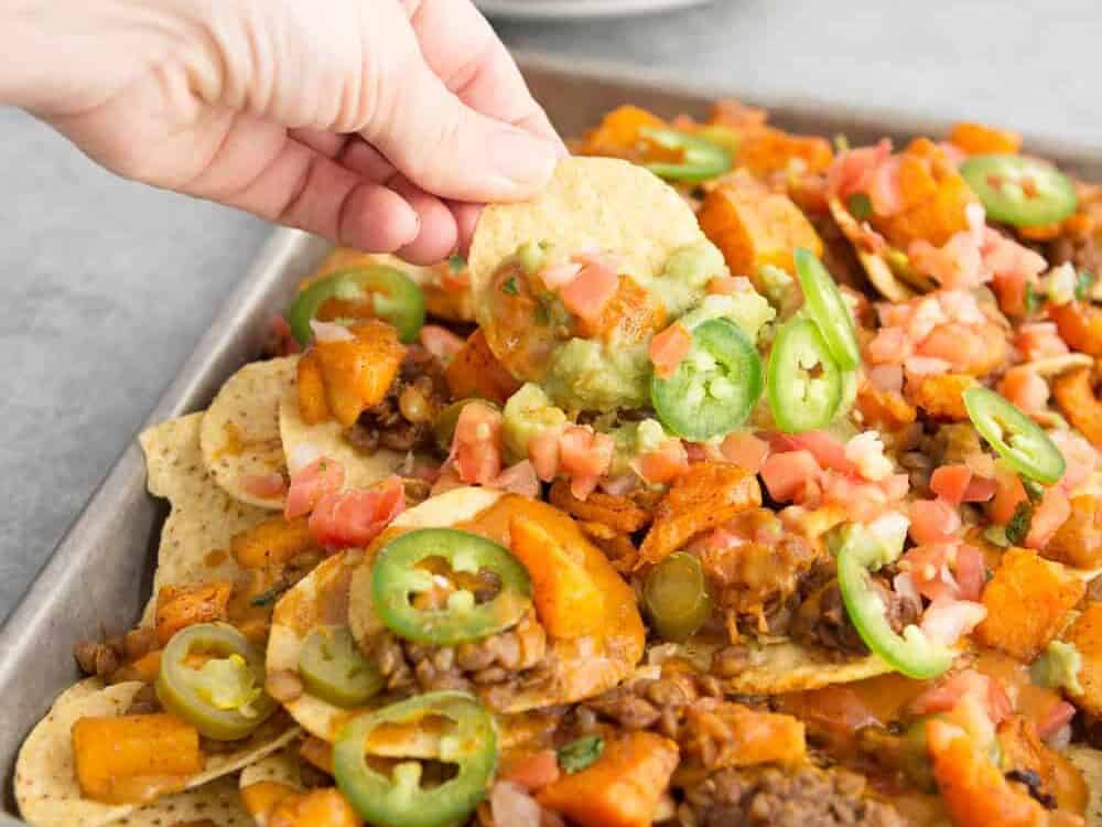 vegan lentil nachos with quick cheese sauce