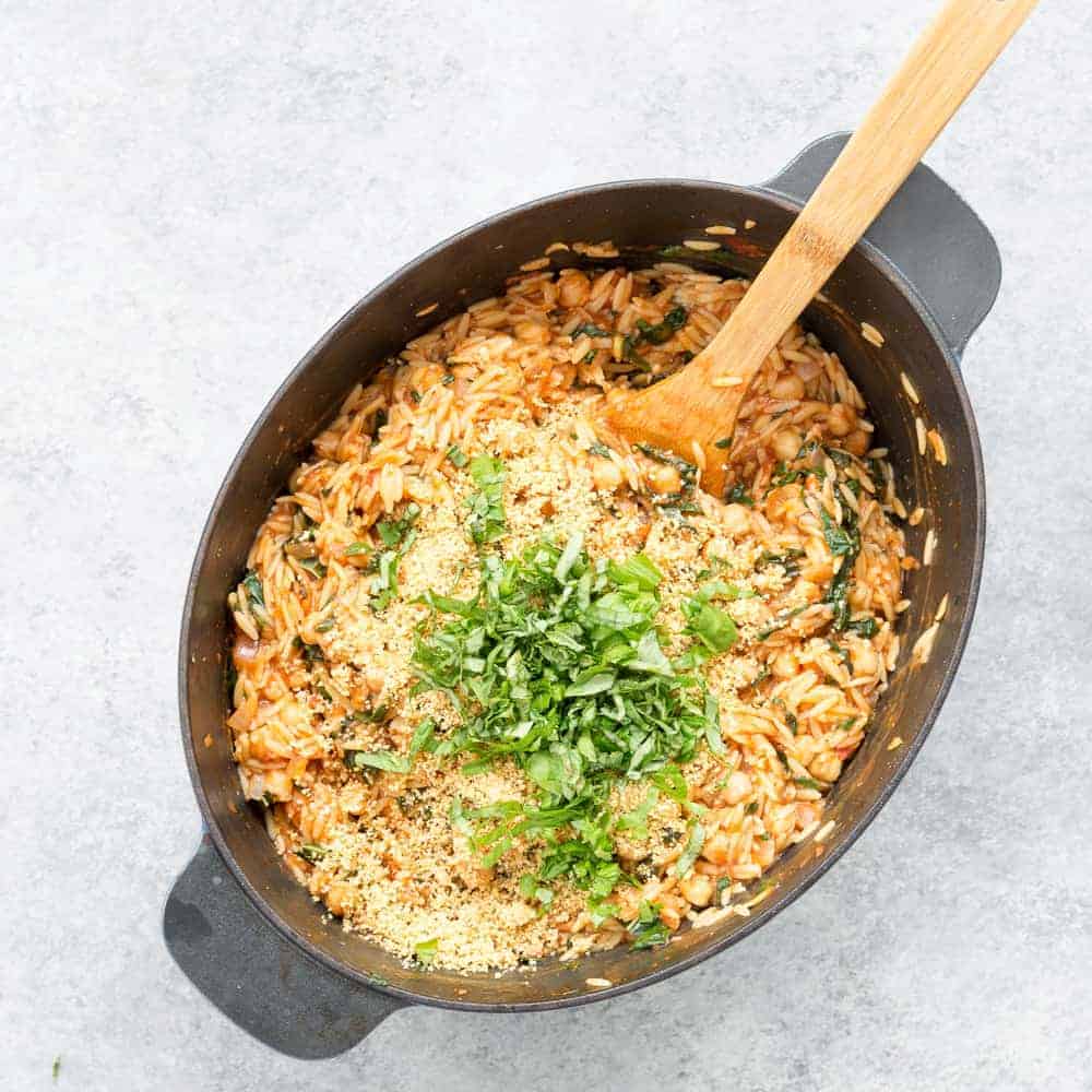 One Pan Tomato Basil Baked Orzo