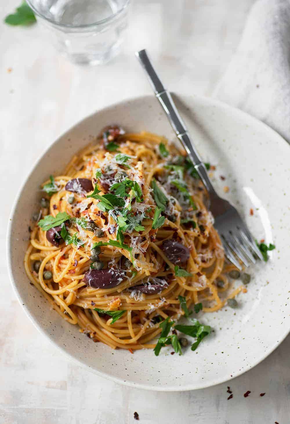 Bowl Of Puttanesca Pasta With Olives And Capers 