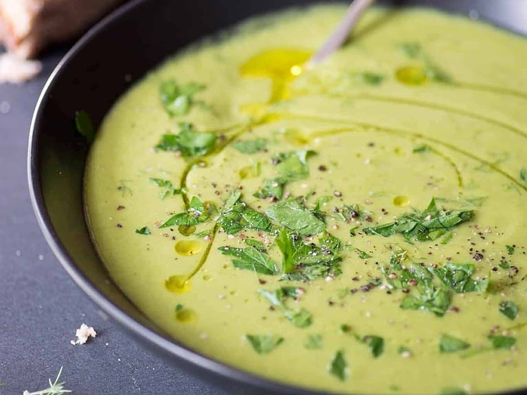 Pea And Asparagus Soup! This Dairy-Free, Vegetable Soup Is Perfect For Spring Or Easter. Gluten-Free And Vegan. | Www.delishknowledge.com