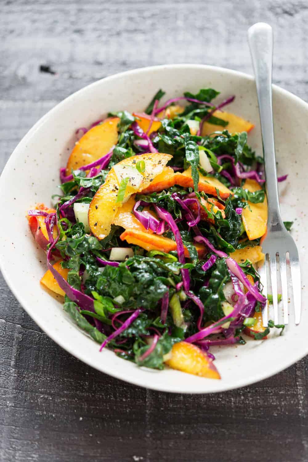 Vegan No Cook Dinner Of Peach, Kale And Cabbage Slaw