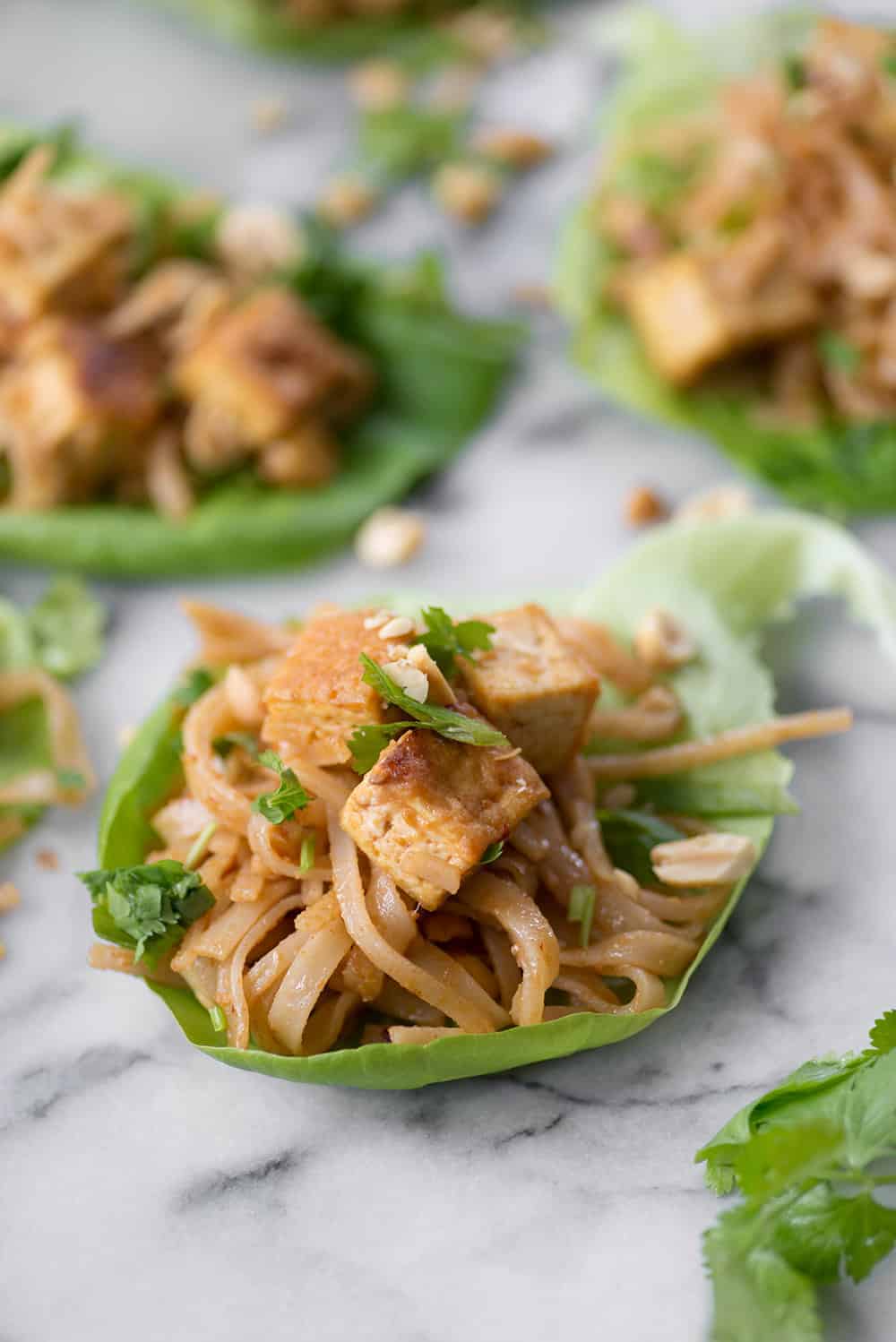 vegan peanut lettuce wraps with rice noodles and spicy sauce