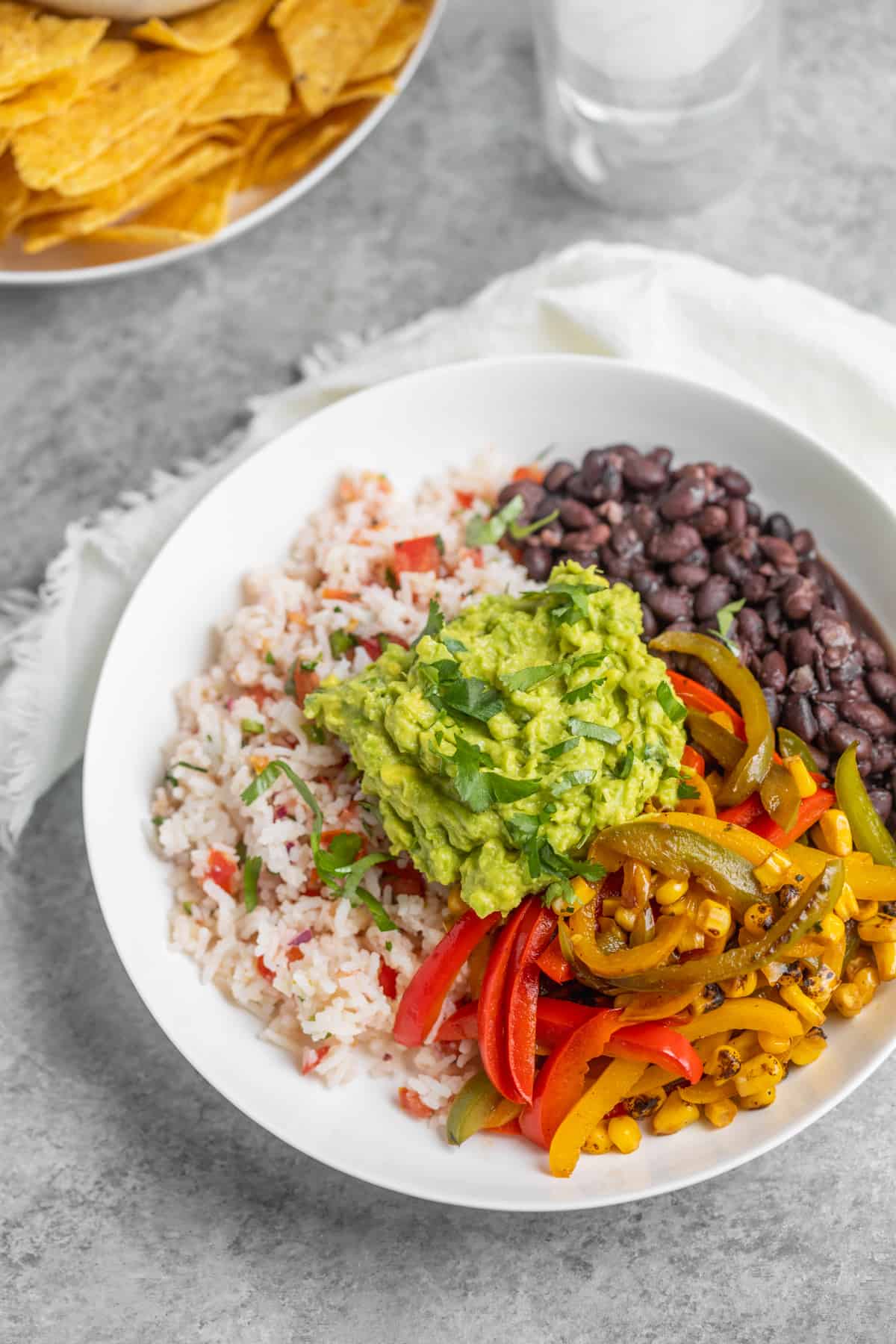 Rice With Pico De Gallo, Peppers, Beans And Guacamole