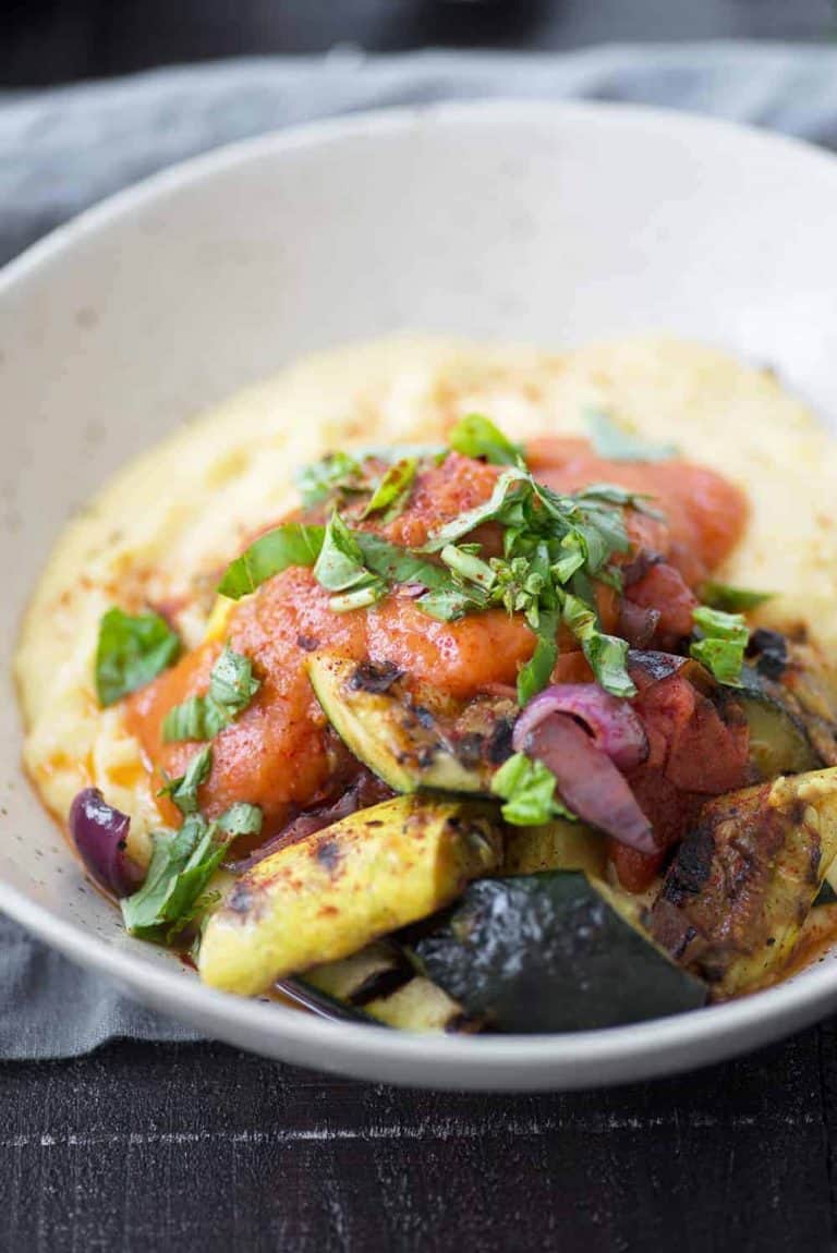 Creamy Polenta with Grilled Vegetables and Roasted Red Pepper Sauce