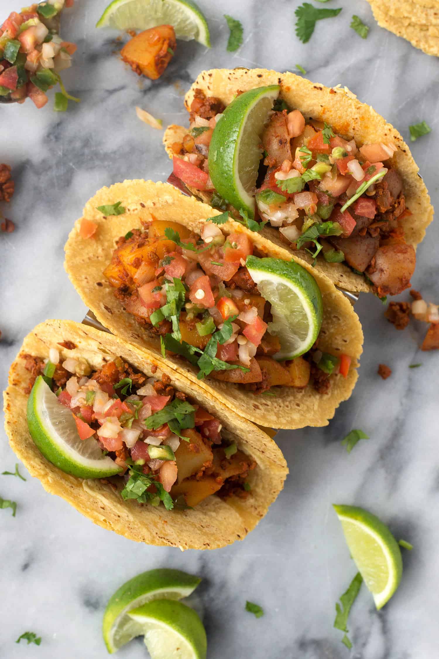 vegan soyrizo and potato tacos with pico de gallo 