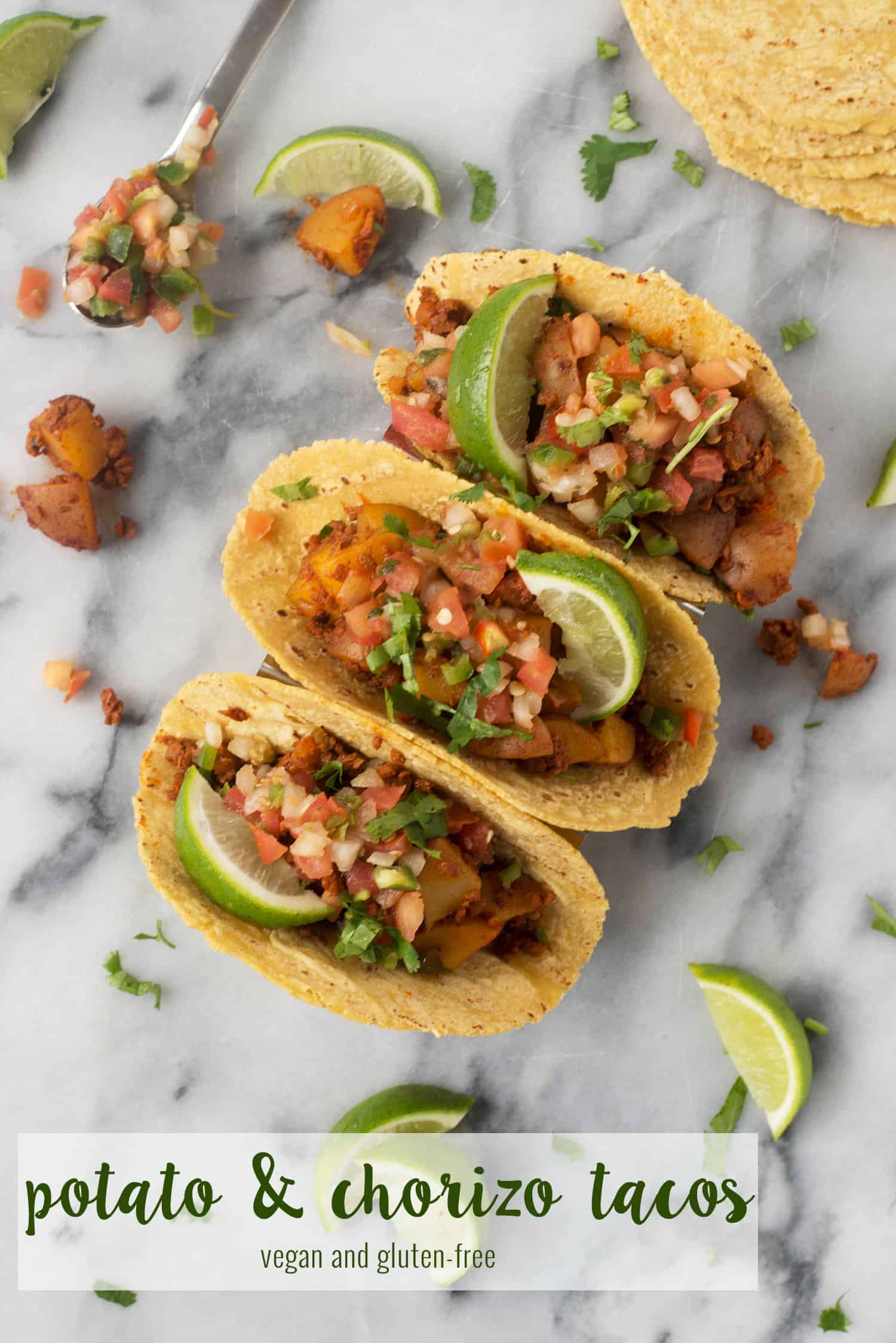 Potato and Chorizo Tacos! These are the best vegan and gluten-free tacos. Spicy soyrizo with crispy potatoes. | www.delishknowledge.com