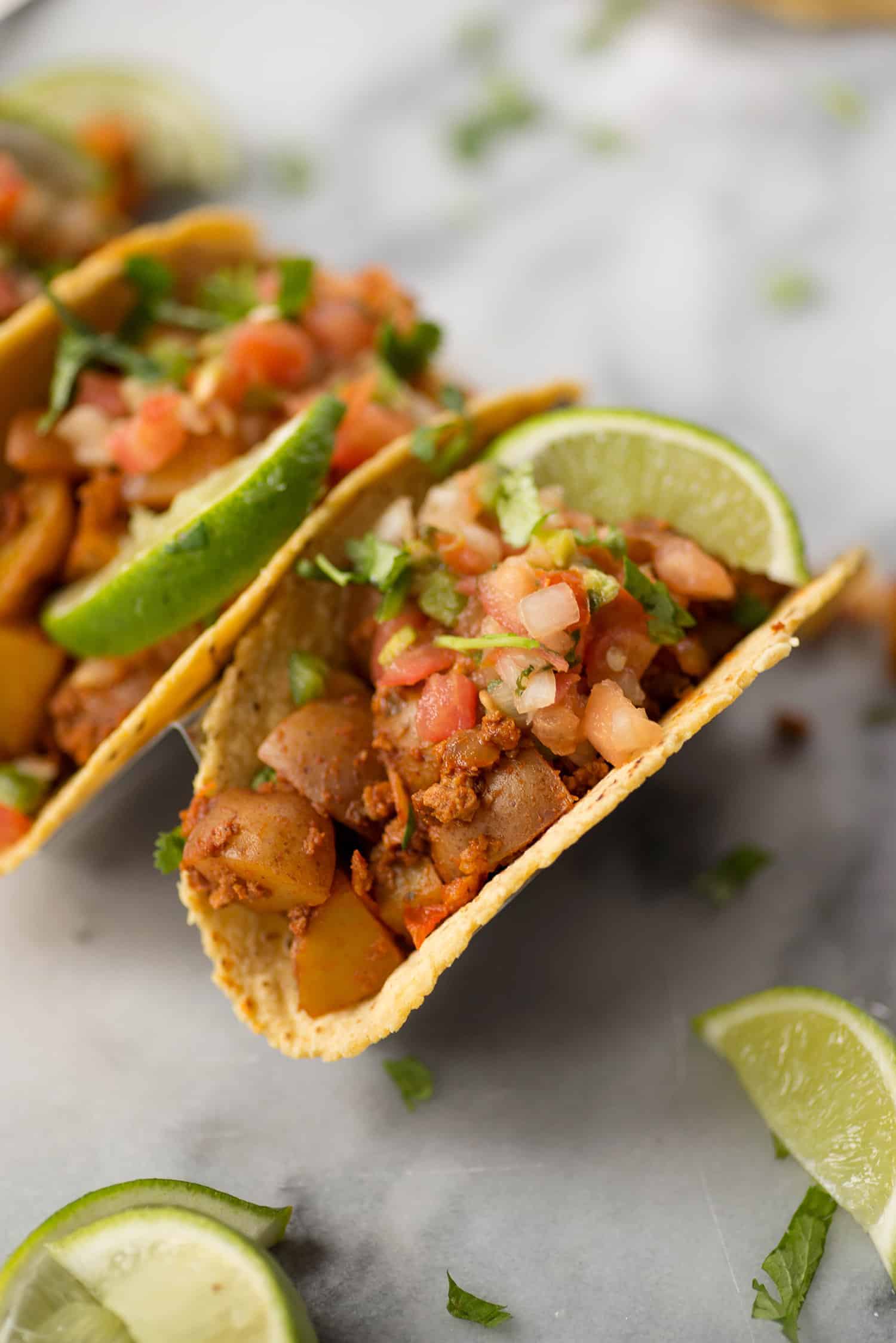 Potato and Chorizo Tacos with fresh cilantro and lime