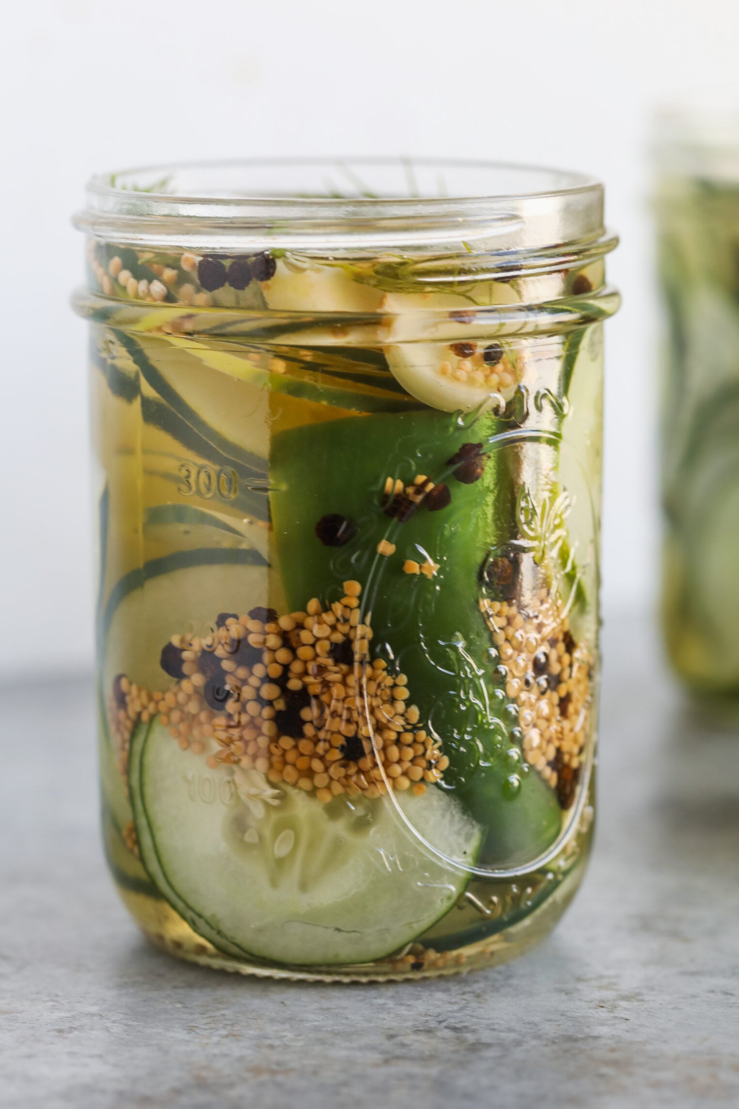 A Glass Jar Filled With Sliced Cucumbers, Herbs, And Spices Submerged In Liquid, Likely Homemade Refrigerator Pickles, Sits On A Gray Surface With Another Jar Blurred In The Background.