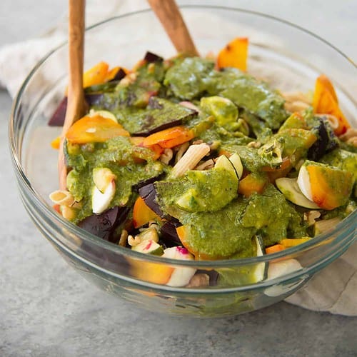 Roasted Beet Pasta Salad With Basil Dressing! This Healthy Pasta Salad Is Perfect For Summer Bbqs, Potlucks And Get-Togethers. Save This When You Need A Healthy Unique Vegetarian Pasta Salad. | Www.delishknowledge.com