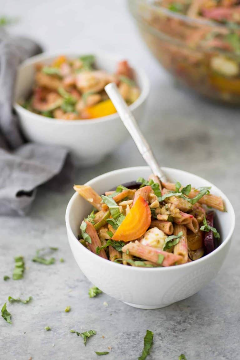 Roasted Beet Pasta Salad With Basil Dressing! This Healthy Pasta Salad Is Perfect For Summer Bbqs, Potlucks And Get-Togethers. Save This When You Need A Healthy Unique Vegetarian Pasta Salad. | Www.delishknowledge.com