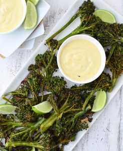 The best vegetable side dish or appetizer! Roasted Curry Broccoli Florets with a curry dipping sauce! Vegan & Gluten Free | www.delishknowledge.com