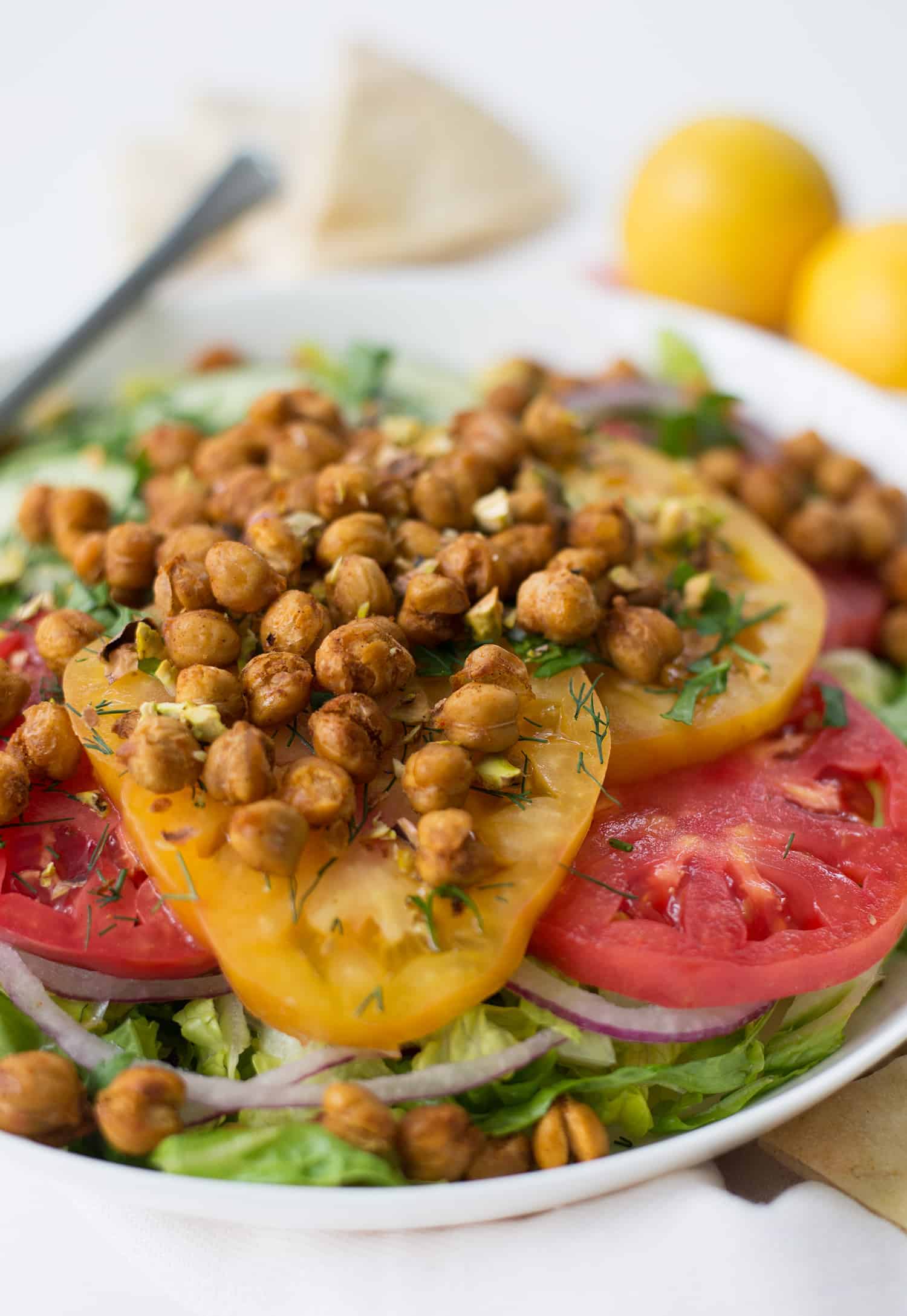 Roasted Chickpea Salad With Hummus Dressing! Crispy, Seasoned Roasted Chickpeas In A Yummy Salad And A Hummus-Dill Dressing. Vegan &Amp; Gluten-Free | Www.delishknowledge.com