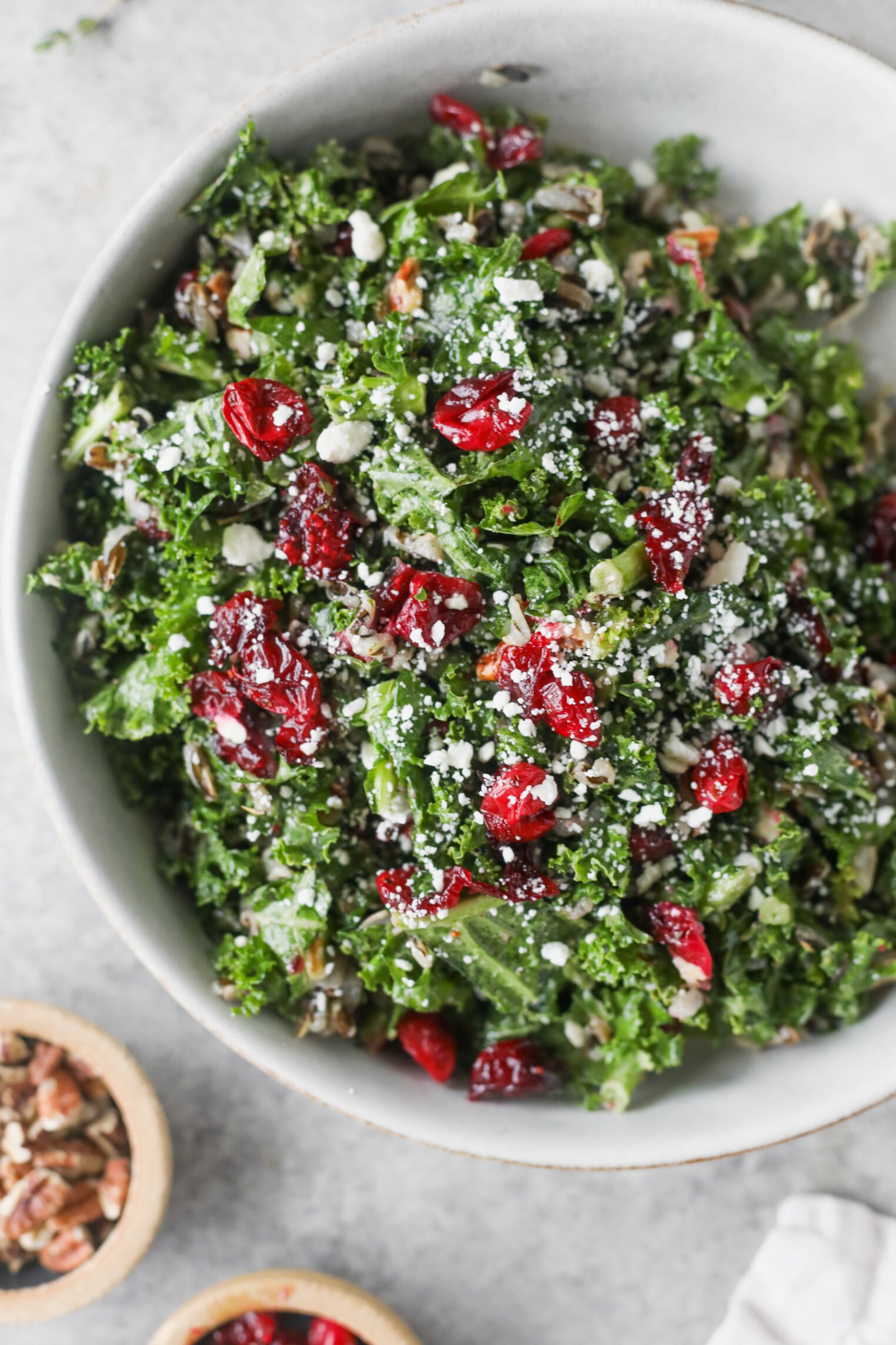 A Bowl Of Wild Rice And Kale Salad Topped With Dried Cranberries, Crumbled Cheese, And Chopped Nuts. Small Bowls Of Pecans Are Nearby On A Light Surface.