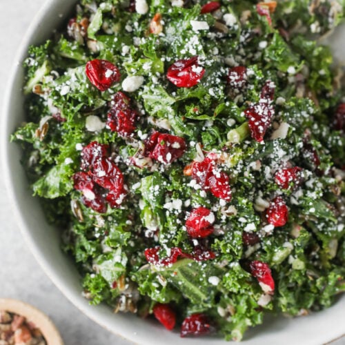 A Bowl Of Wild Rice And Kale Salad Topped With Dried Cranberries, Crumbled Cheese, And Chopped Nuts. Small Bowls Of Pecans Are Nearby On A Light Surface.